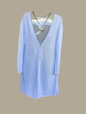 Eileen Fisher Long Cardigan Linen Medium Blue Grey